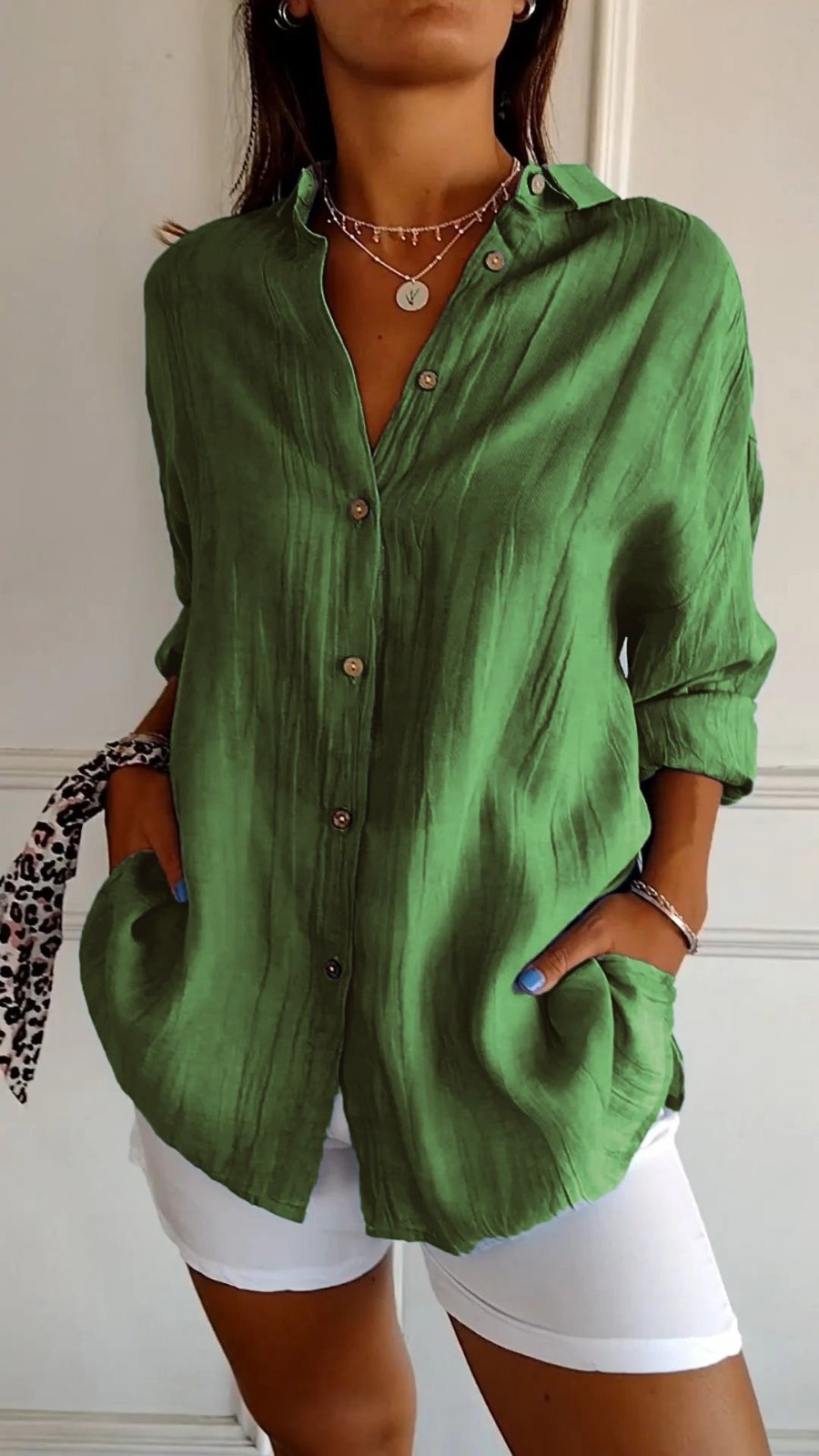 Camisa de Lino Holgada con Botones para Mujer