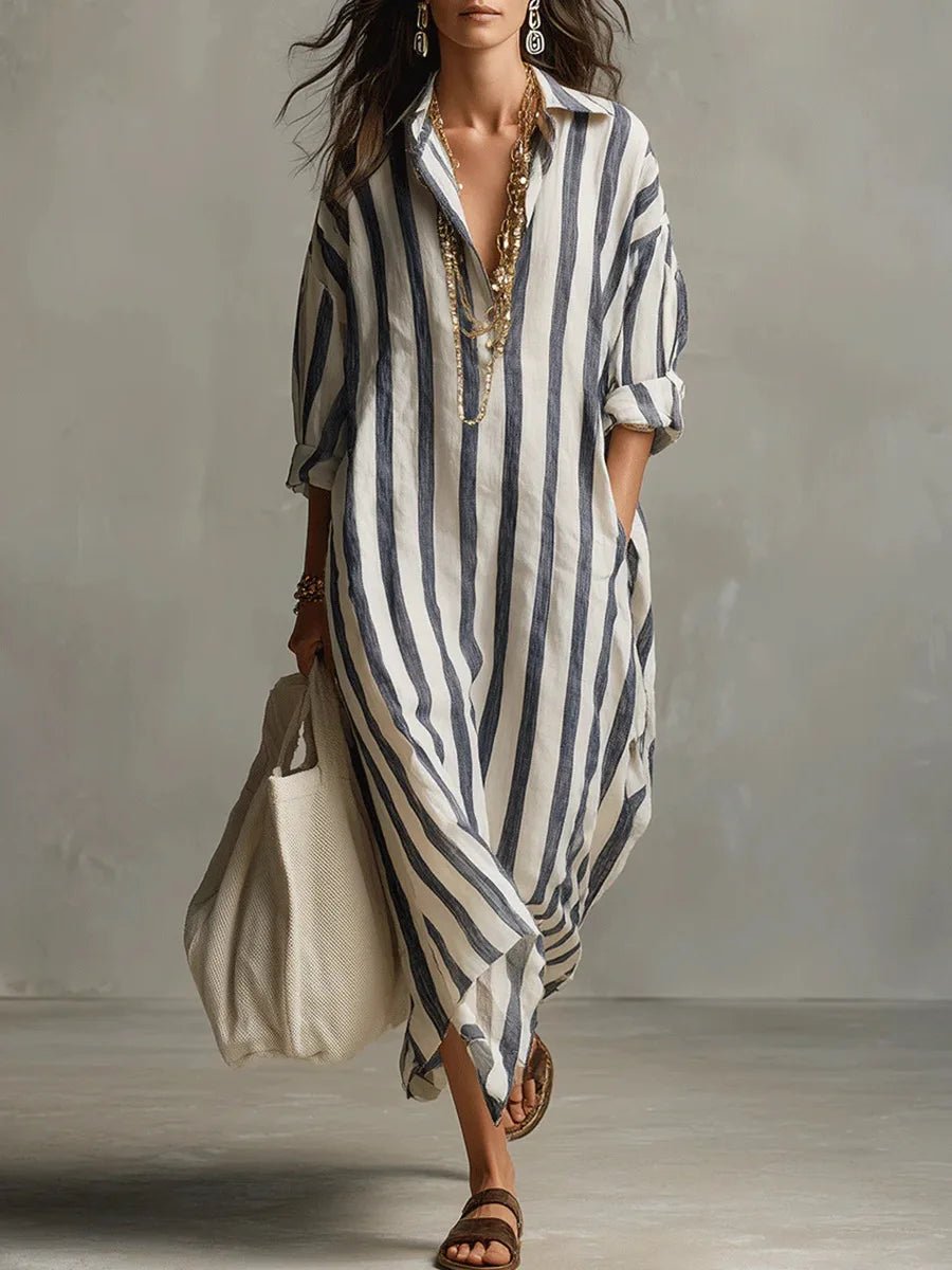 Vestido camisero maxi holgado de lino a rayas para mujer