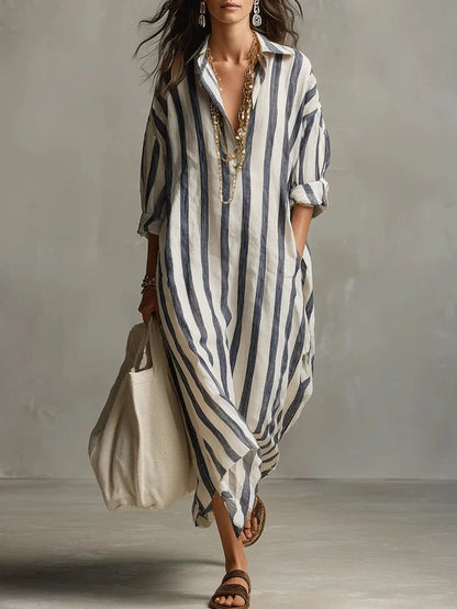 Vestido camisero maxi holgado de lino a rayas para mujer