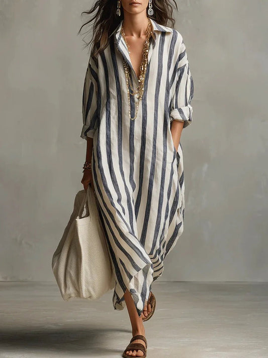 Vestido camisero maxi holgado de lino a rayas para mujer