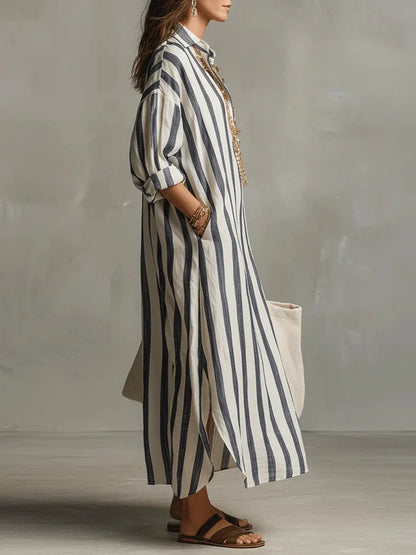 Vestido camisero maxi holgado de lino a rayas para mujer