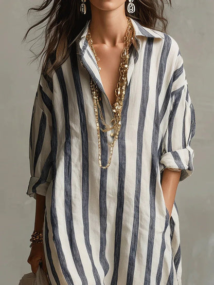 Vestido camisero maxi holgado de lino a rayas para mujer