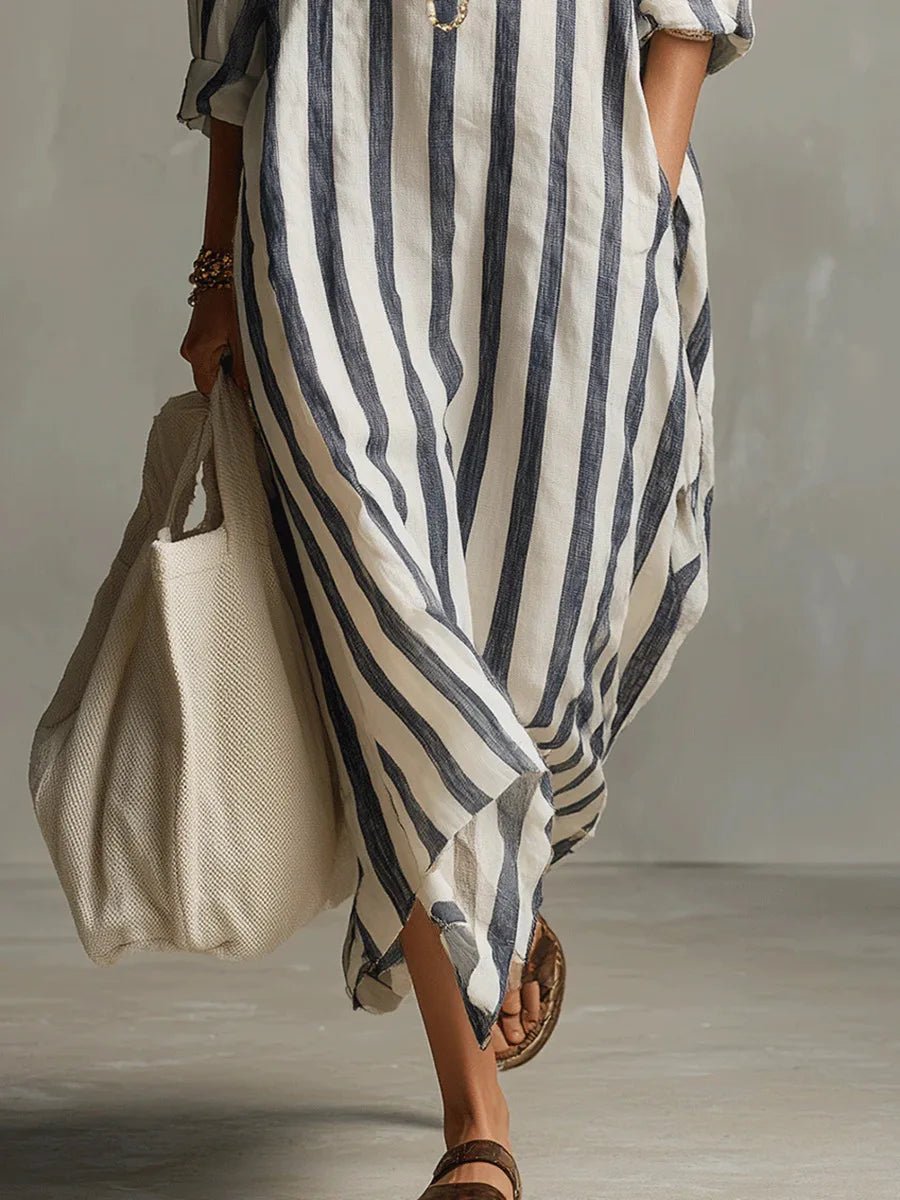Vestido camisero maxi holgado de lino a rayas para mujer