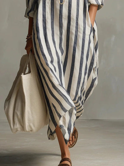 Vestido camisero maxi holgado de lino a rayas para mujer