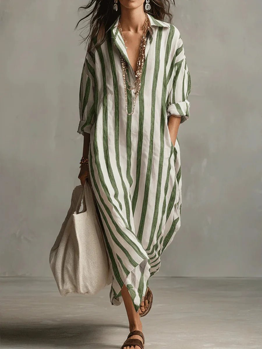 Vestido camisero maxi holgado de lino a rayas para mujer
