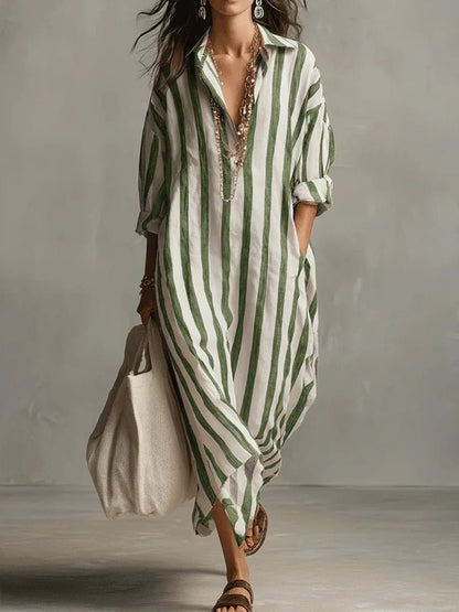 Vestido camisero maxi holgado de lino a rayas para mujer