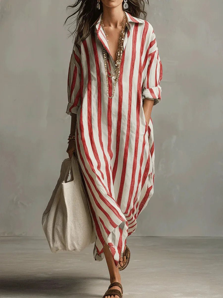 Vestido camisero maxi holgado de lino a rayas para mujer