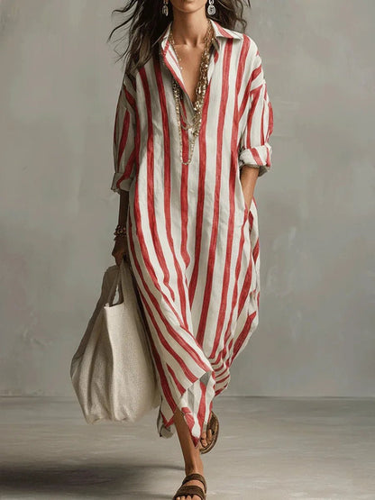Vestido camisero maxi holgado de lino a rayas para mujer