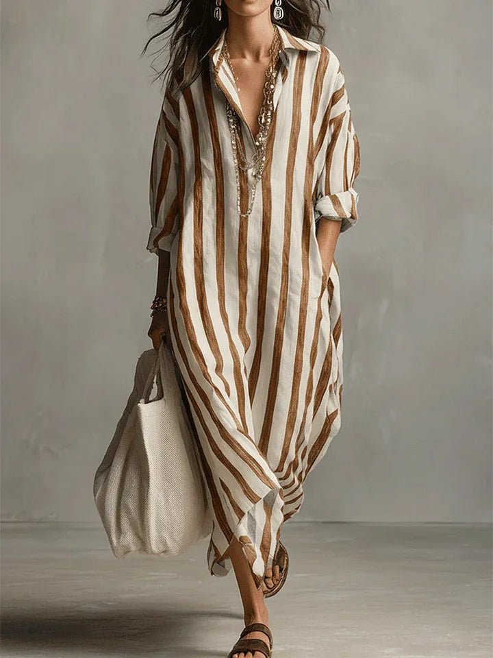 Vestido camisero maxi holgado de lino a rayas para mujer