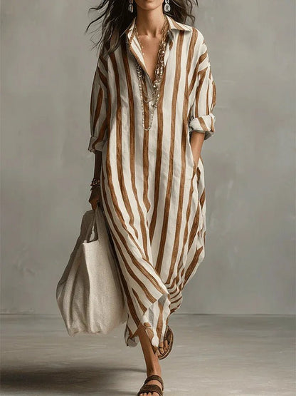 Vestido camisero maxi holgado de lino a rayas para mujer