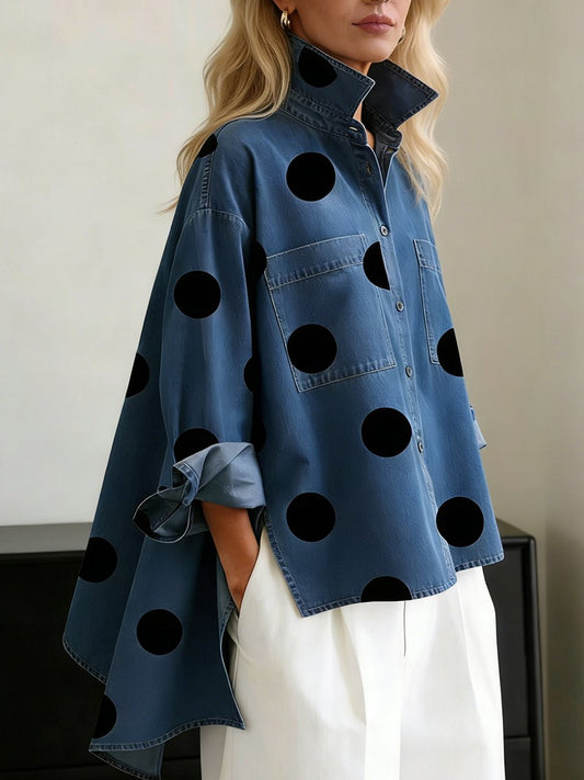 Blusa Oversize de Manga Larga con Lunares y Botones para Mujer