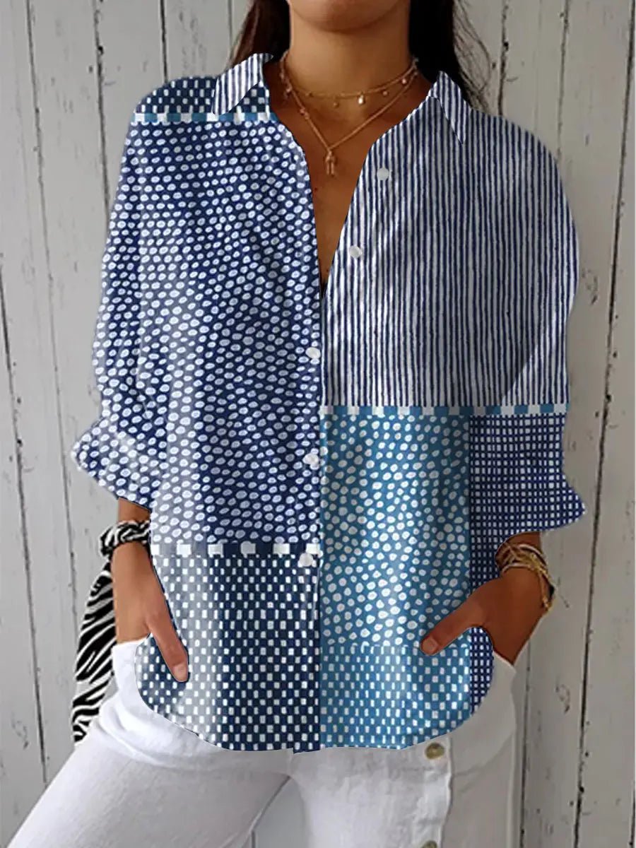 Blusa Patchwork de Manga Larga con Cuello en V y Botones para Mujer