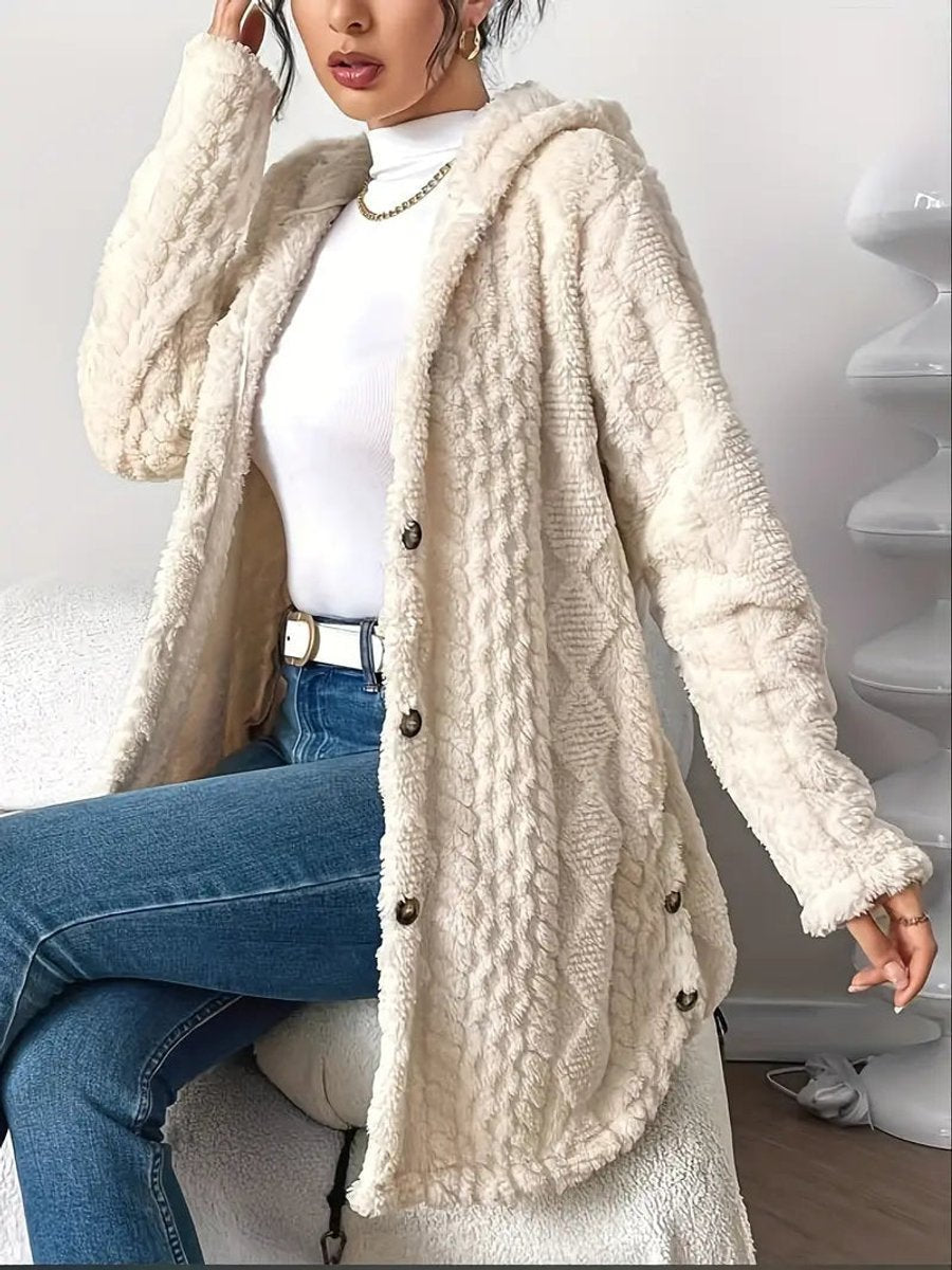 Cárdigan Largo de Peluche con Capucha y Botones para Mujer
