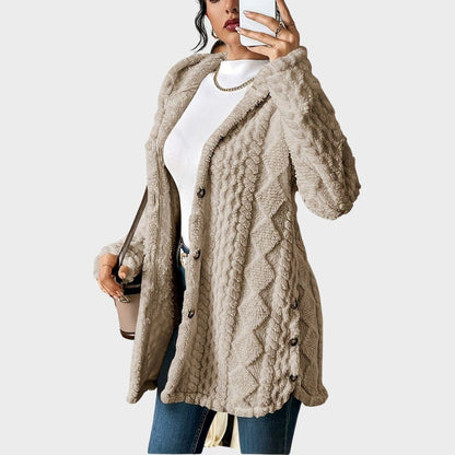 Cárdigan Largo de Peluche con Capucha y Botones para Mujer