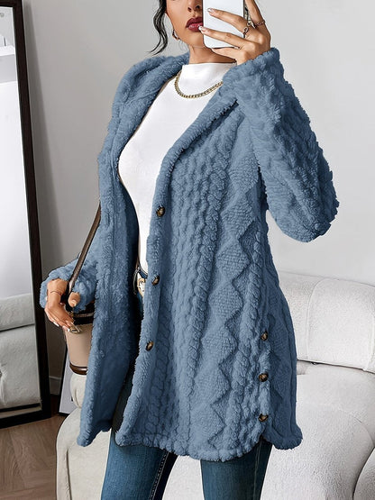 Cárdigan Largo de Peluche con Capucha y Botones para Mujer