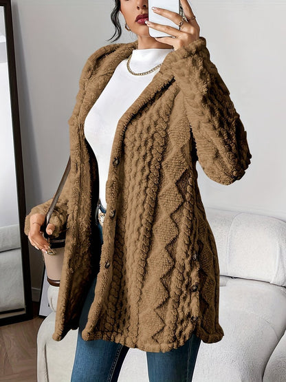 Cárdigan Largo de Peluche con Capucha y Botones para Mujer