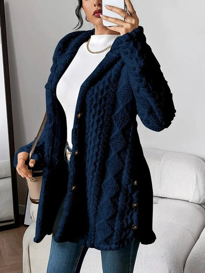 Cárdigan Largo de Peluche con Capucha y Botones para Mujer
