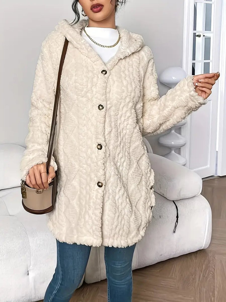 Cárdigan Largo de Peluche con Capucha y Botones para Mujer