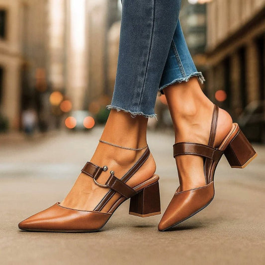 Zapatos de Tacón Grueso con Punta Fina y Correa T para Mujer