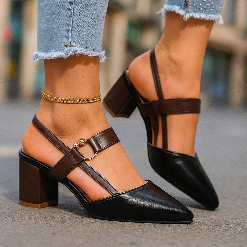 Zapatos de Tacón Grueso con Punta Fina y Correa T para Mujer