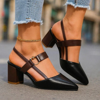Zapatos de Tacón Grueso con Punta Fina y Correa T para Mujer