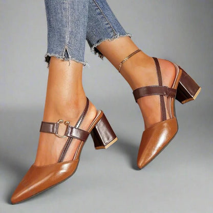 Zapatos de Tacón Grueso con Punta Fina y Correa T para Mujer