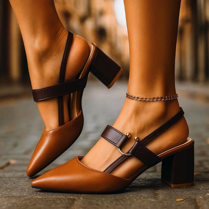 Zapatos de Tacón Grueso con Punta Fina y Correa T para Mujer
