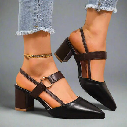 Zapatos de Tacón Grueso con Punta Fina y Correa T para Mujer