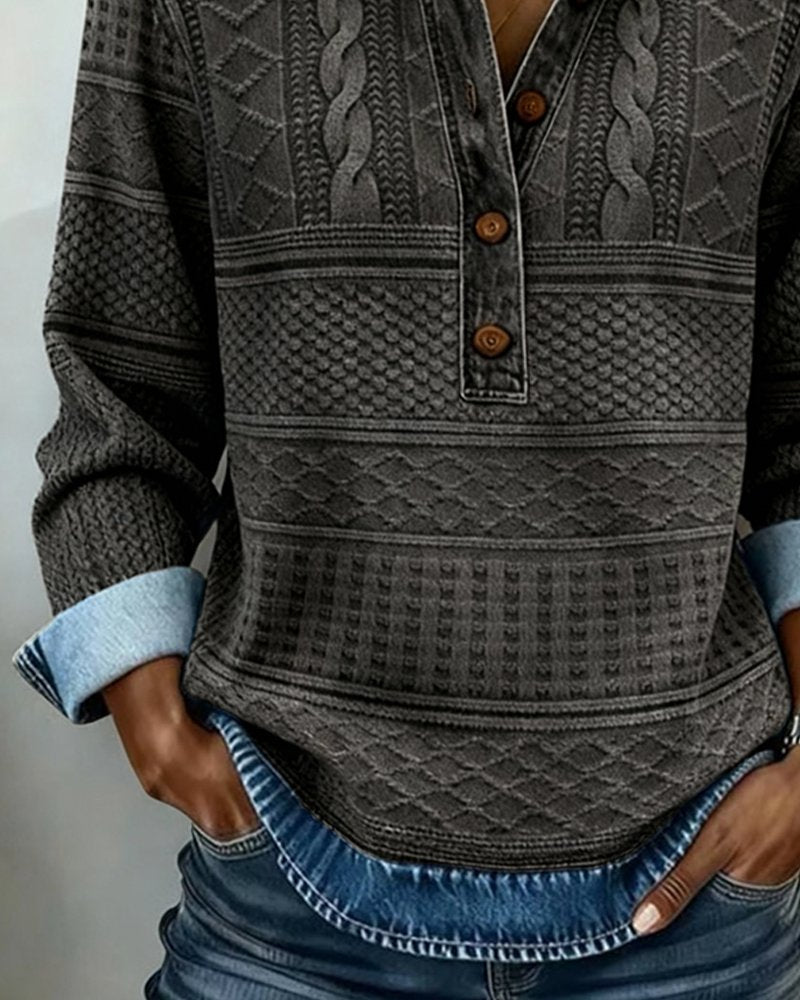 Polerón holgado texturizado con cuello y botones para mujer