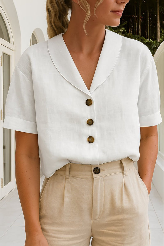 Blusa holgada de manga corta con botones y cuello para mujer