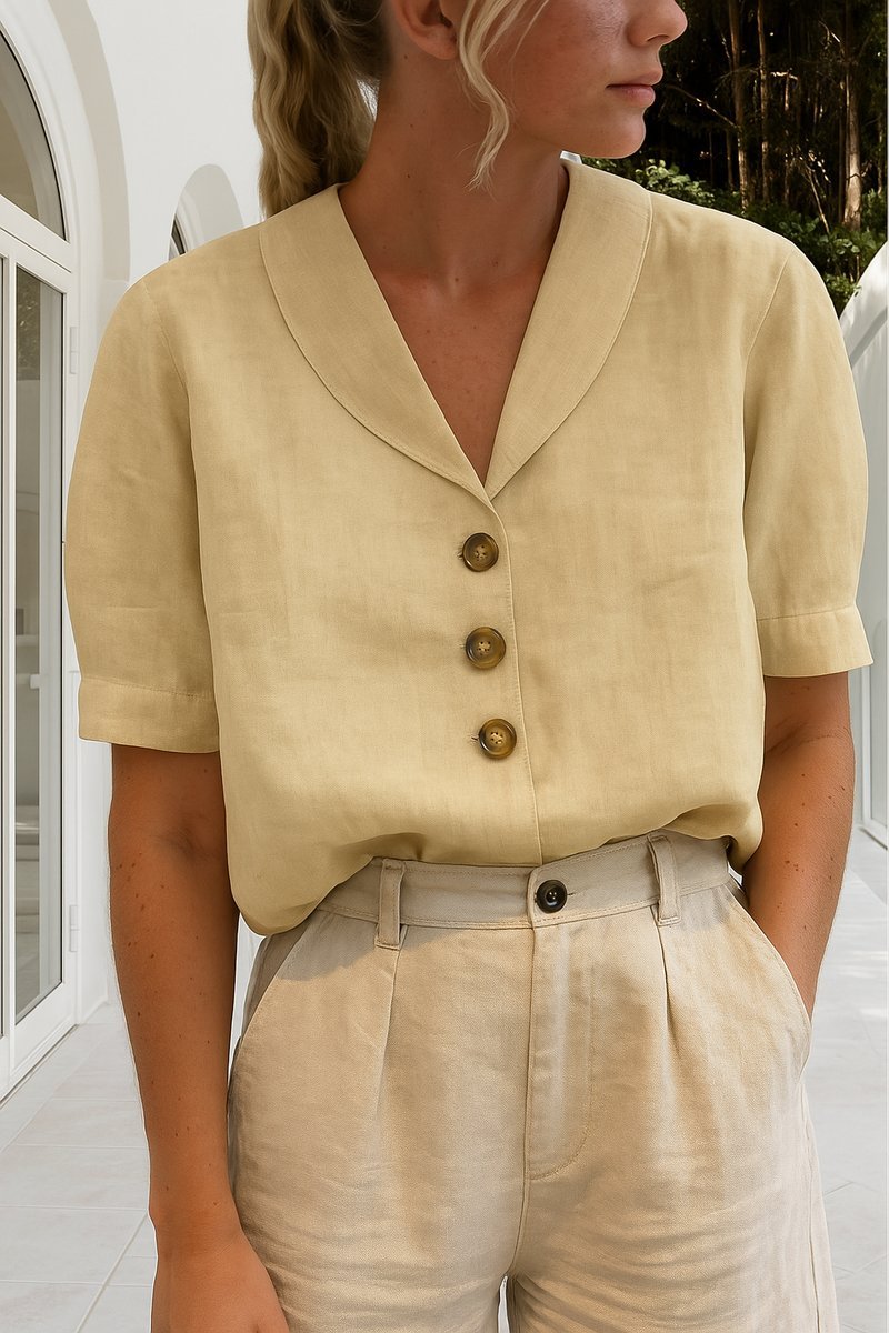 Blusa holgada de manga corta con botones y cuello para mujer