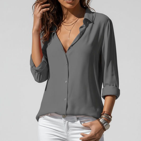 Camisa de manga larga con cuello y botones de corte relajado para mujer