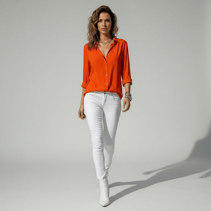Camisa de manga larga con cuello y botones de corte relajado para mujer