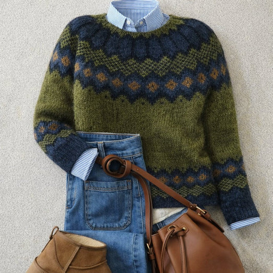 Suéter de Punto con Cuello Redondo y Motivo Fair Isle de Calce Relajado para Mujer