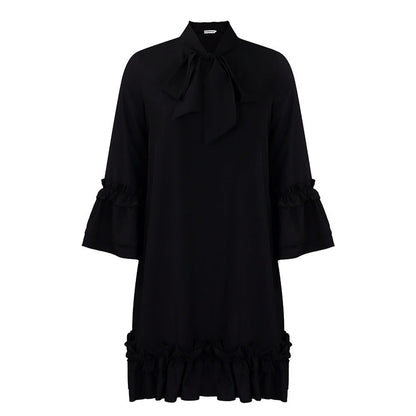 Vestido túnica con manga 3/4 y cuello con lazo y volantes para mujer