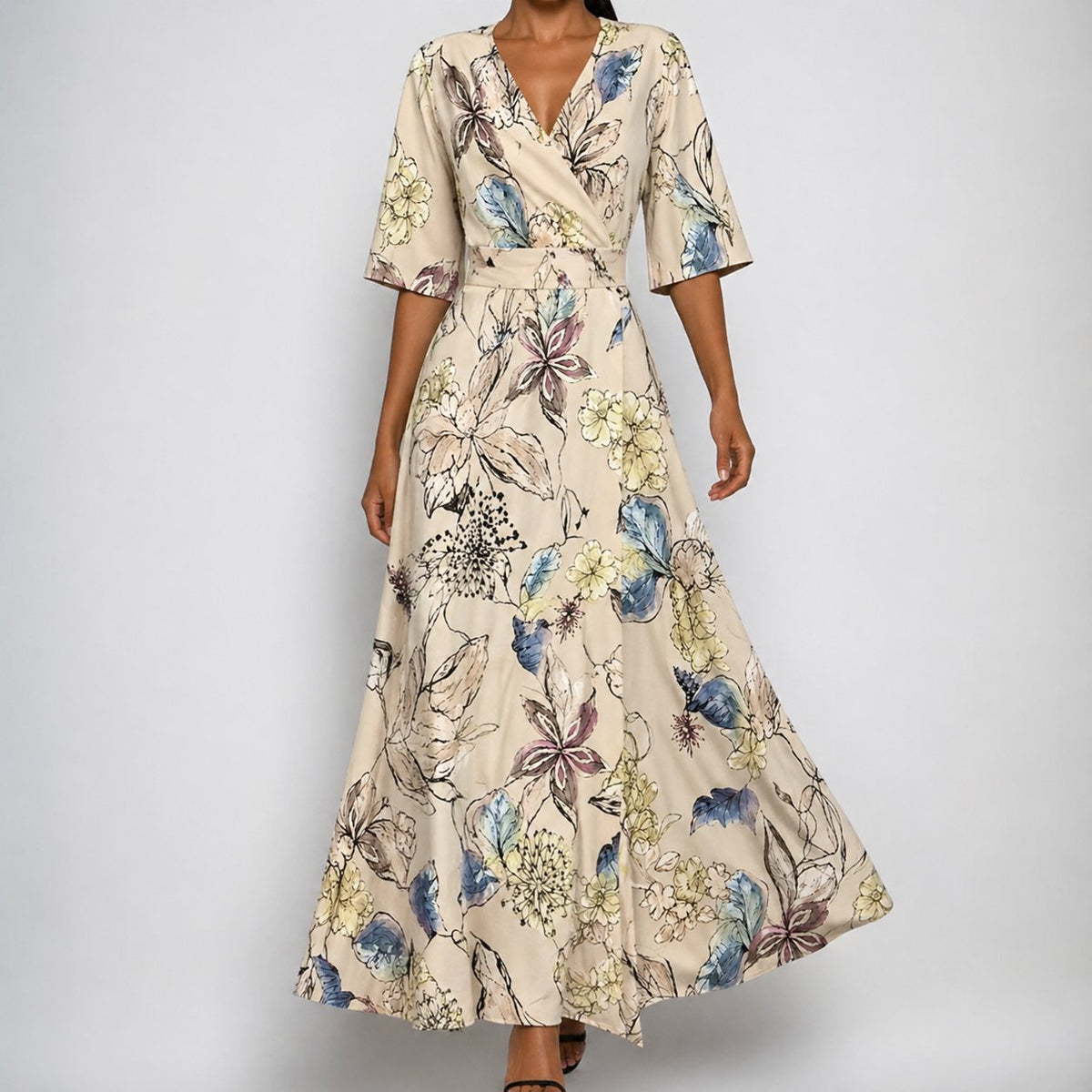 Vestido Maxi Cruzado de Satín Floral con Cinturón y Escote en V para Mujer