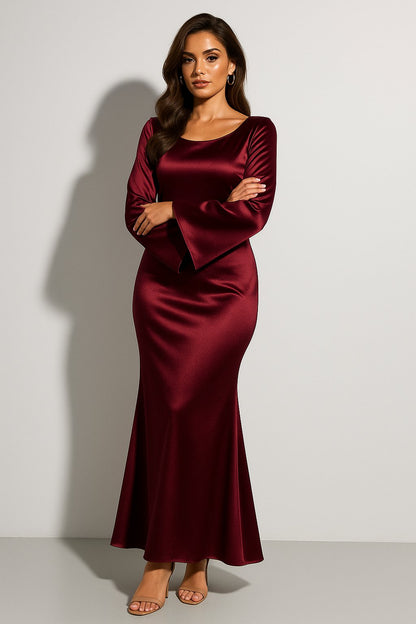 Vestido maxi de satén con cuello redondo y corte sirena de manga larga para mujer