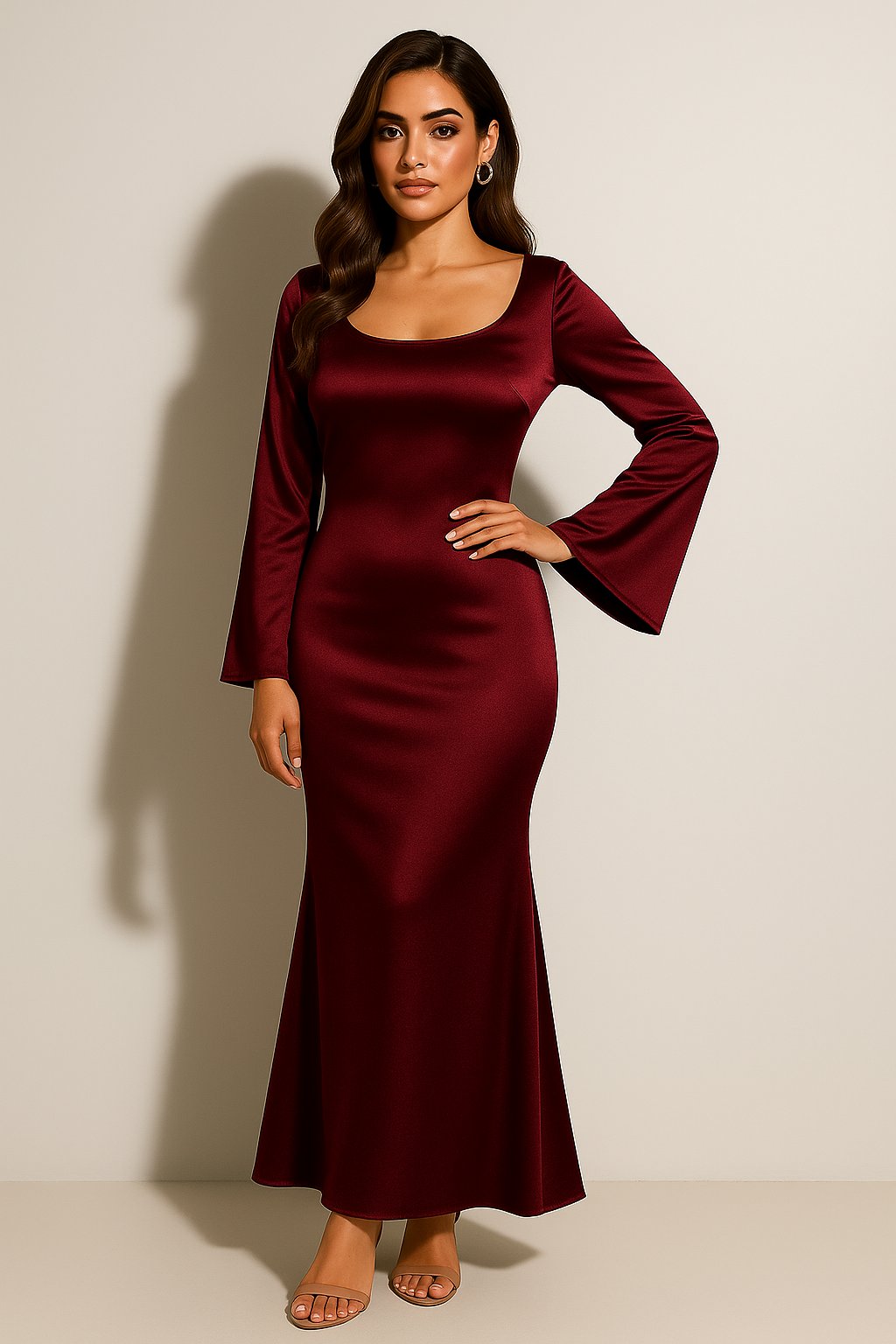 Vestido maxi de satén con cuello redondo y corte sirena de manga larga para mujer