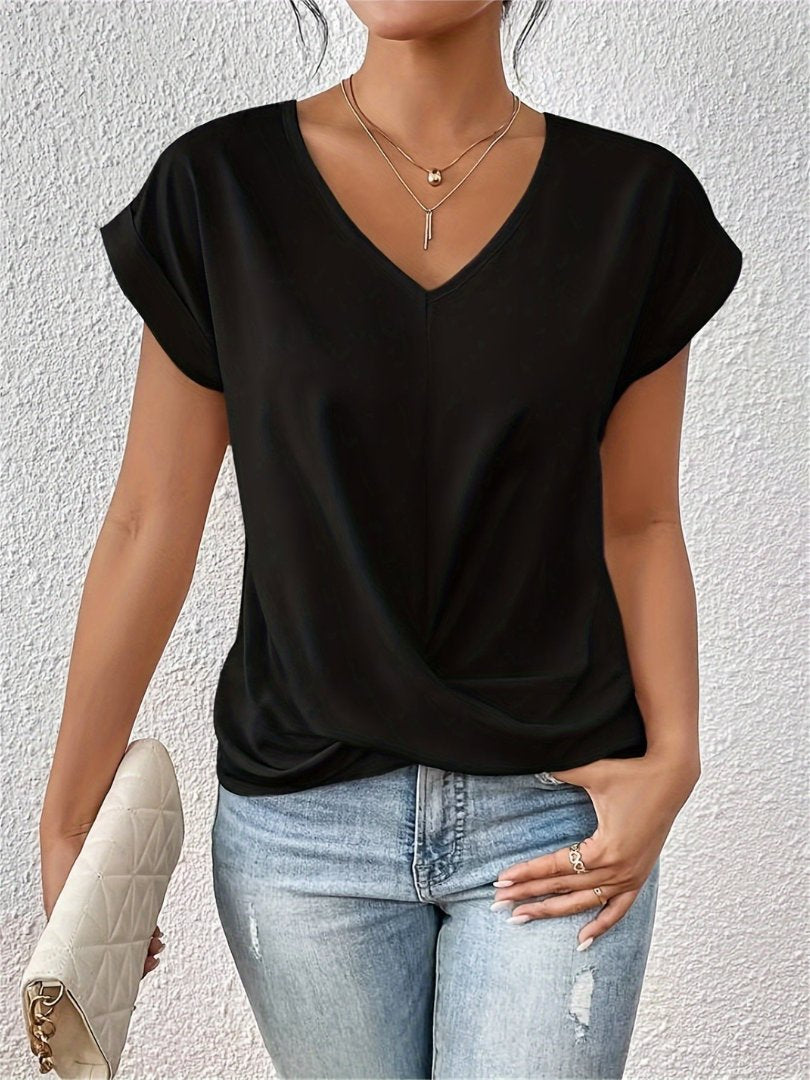Blusa de Satín Manga Corta con Cuello en V y Detalle Torcido para Mujer