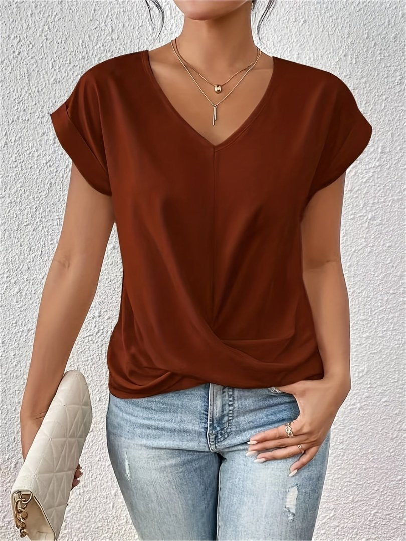 Blusa de Satín Manga Corta con Cuello en V y Detalle Torcido para Mujer