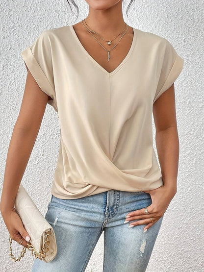 Blusa de Satín Manga Corta con Cuello en V y Detalle Torcido para Mujer