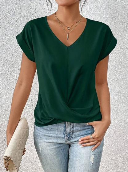 Blusa de Satín Manga Corta con Cuello en V y Detalle Torcido para Mujer
