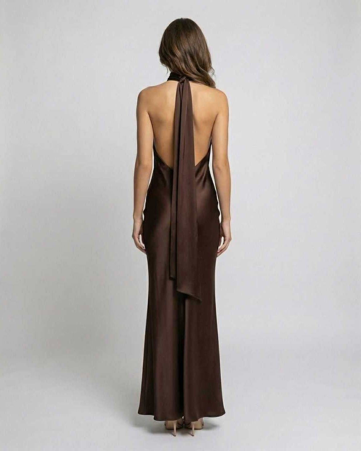 Vestido maxi de satén con cuello halter y espalda descubierta para mujer