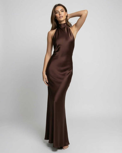 Vestido maxi de satén con cuello halter y espalda descubierta para mujer