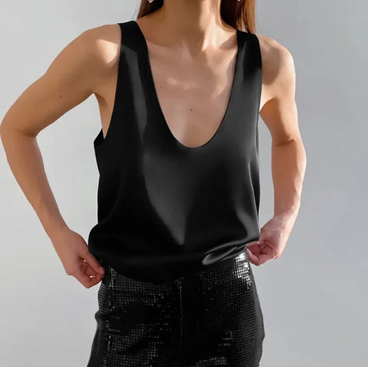 Top sin mangas holgado de satén con cuello redondo para mujer