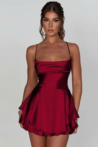 Vestido de cóctel de satén con escote cuadrado y falda con volantes para mujer
