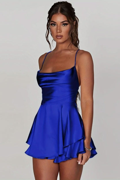 Vestido de cóctel de satén con escote cuadrado y falda con volantes para mujer