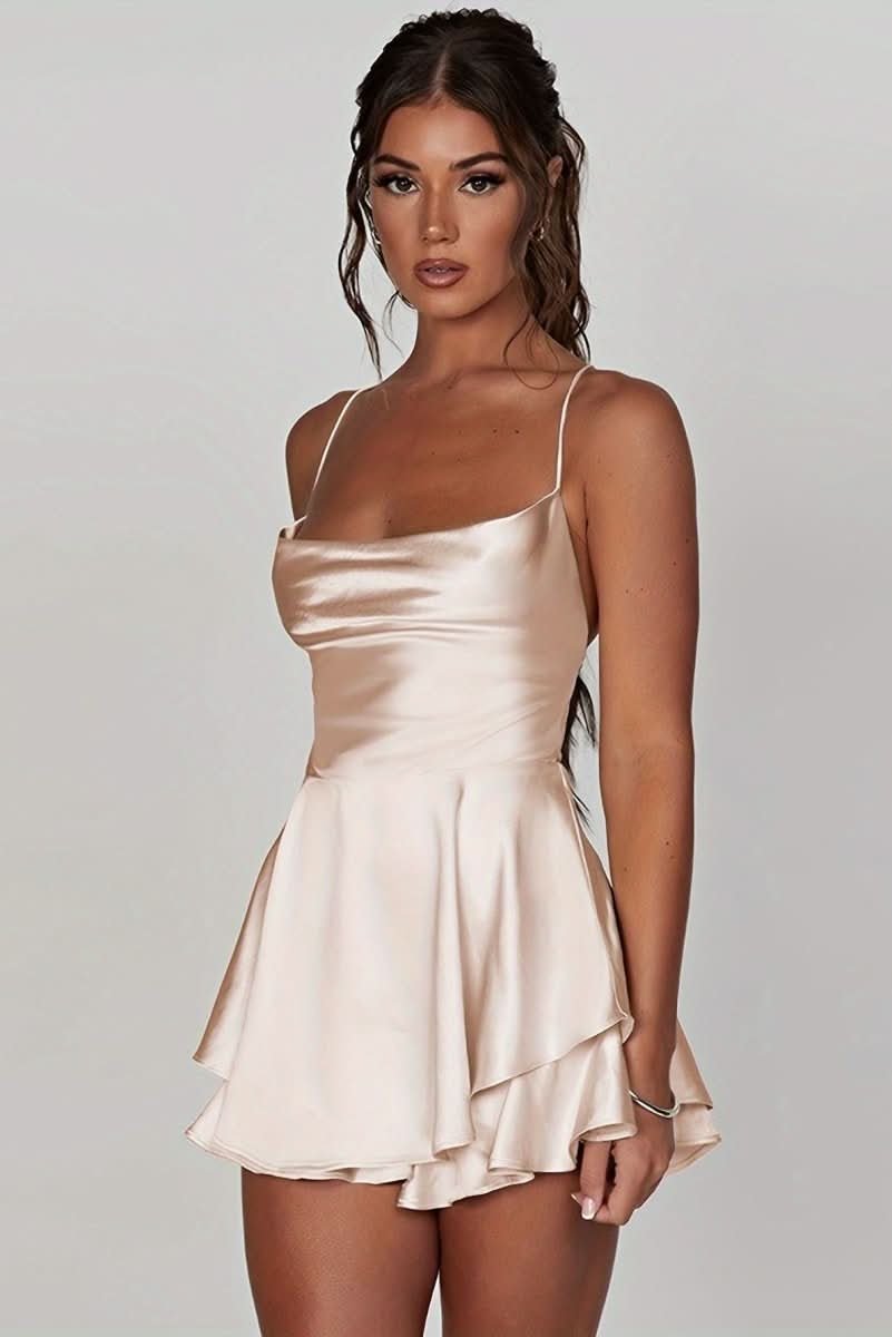 Vestido de cóctel de satén con escote cuadrado y falda con volantes para mujer
