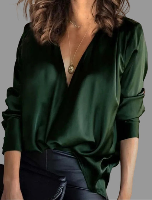 Blusa de satén con cuello en V y manga larga para mujer