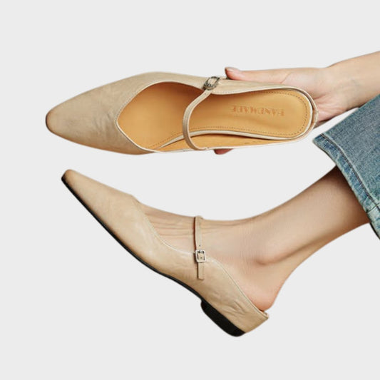 Mules Mary Jane de Cuero con Punta Fina y Talón Abierto para Mujer